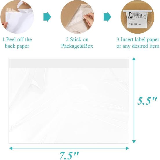 100 Pack 7.5" x 5.5" Clear Self-Adhesive Top Loading Packing List/Shipping Label Envelopes Pouches
