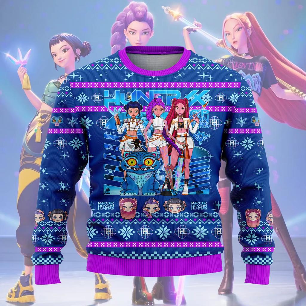 2025 Новый K-Pop Охотники на демонов Уродливый Рождественский свитер Мода Харадзюку Женский джемпер Свитер Руми Мира Зои HUNTR/X Толстовки