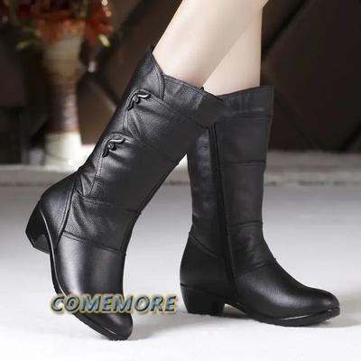 Модные новые модные средние ботинки зимние женские корейские элегантные на низком каблуке однотонные флисовые теплые большие размеры уличные нескользящие ботинки