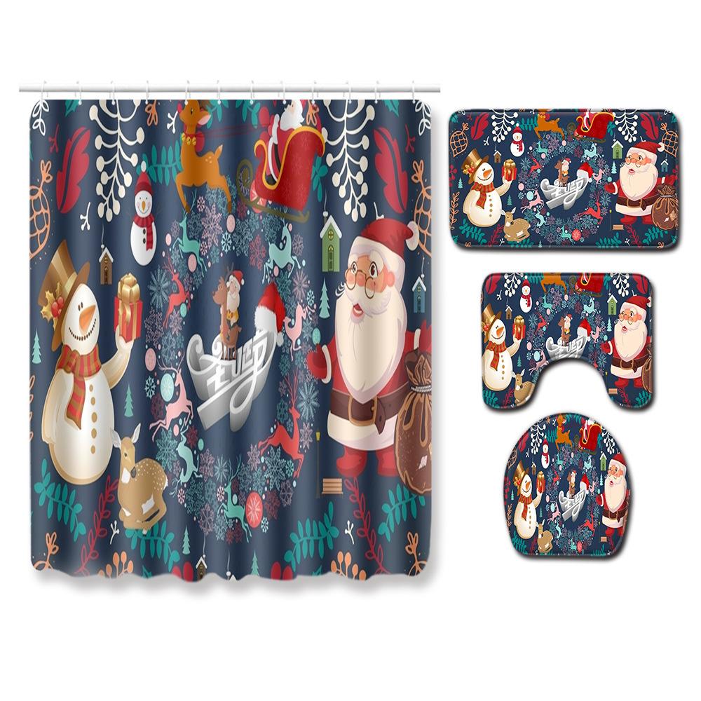 Christmas Shower Curtain Floor Mat Combination Four-Piece Bathroom Non-Slip Door Mat Foot Mat Bedroom Living Room Carpet