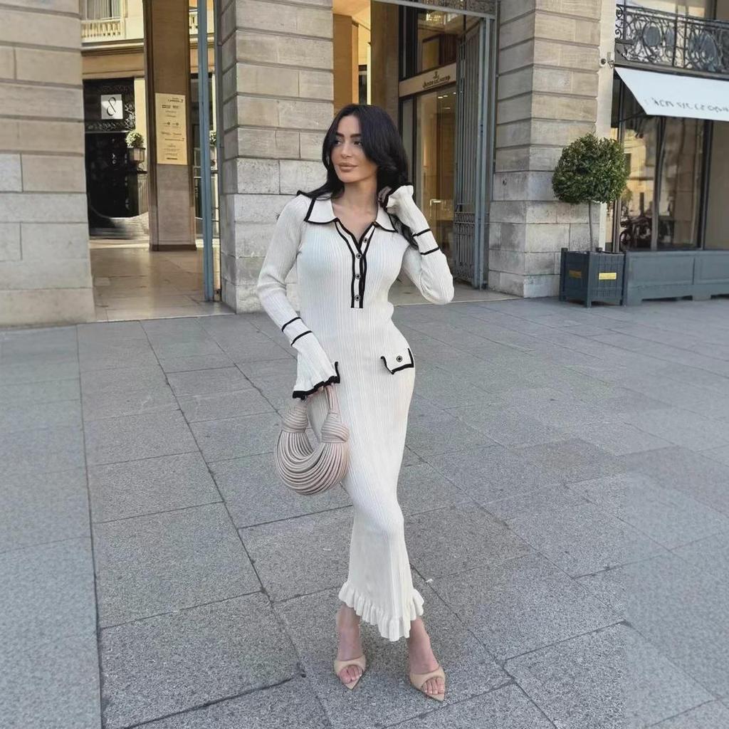 Платье-свитер с оборками в европейском и американском стиле 2025 года — роскошное платье-миди с французскими лацканами на осень/зиму