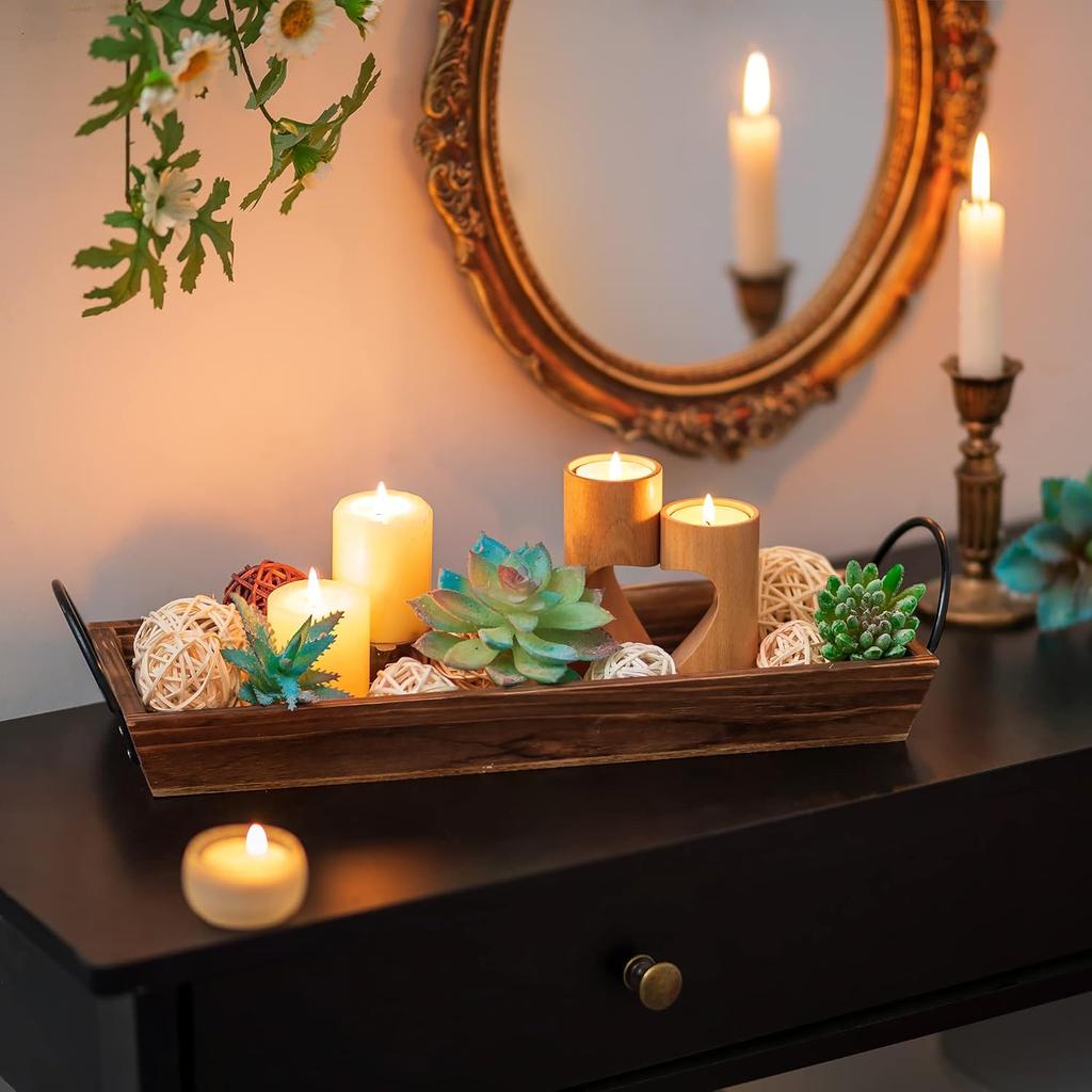 Long Narrow Wood Candle Tray: Hanobe Rustic Wooden Candle Holders Rectangular Table Centerpieces for Dining Room Farmhouse Pillar Stand with Handle