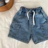 Boys Girls Denim Shorts Summer Elastic Waist Drawstring Solid Color Pocket Cargo Jeans Baby Boys Casual Shorts