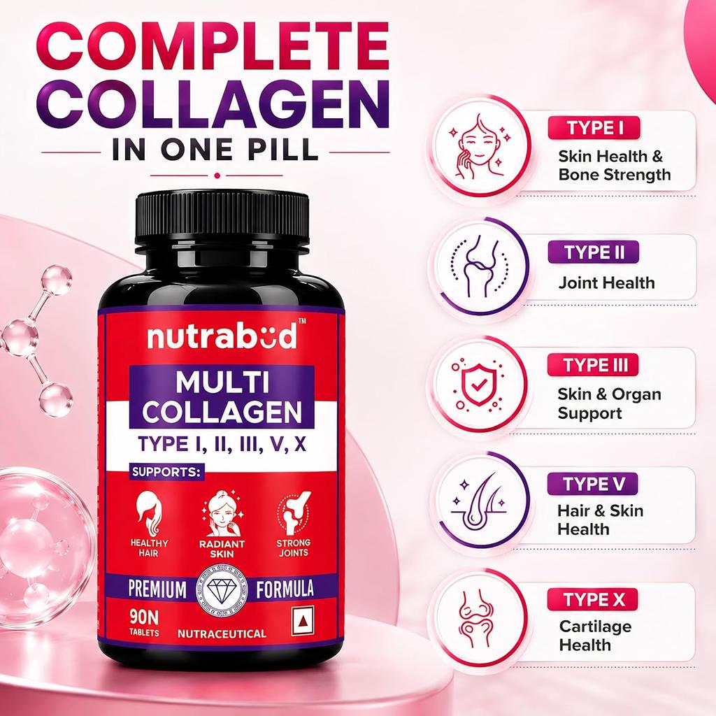 Nutrabud Комплекс Мультиколлагена Для Женщин Мужчин 90 Таблеток Гидролизованные Пептиды с Типами I II III V X Для Кожи Волос Суставов
