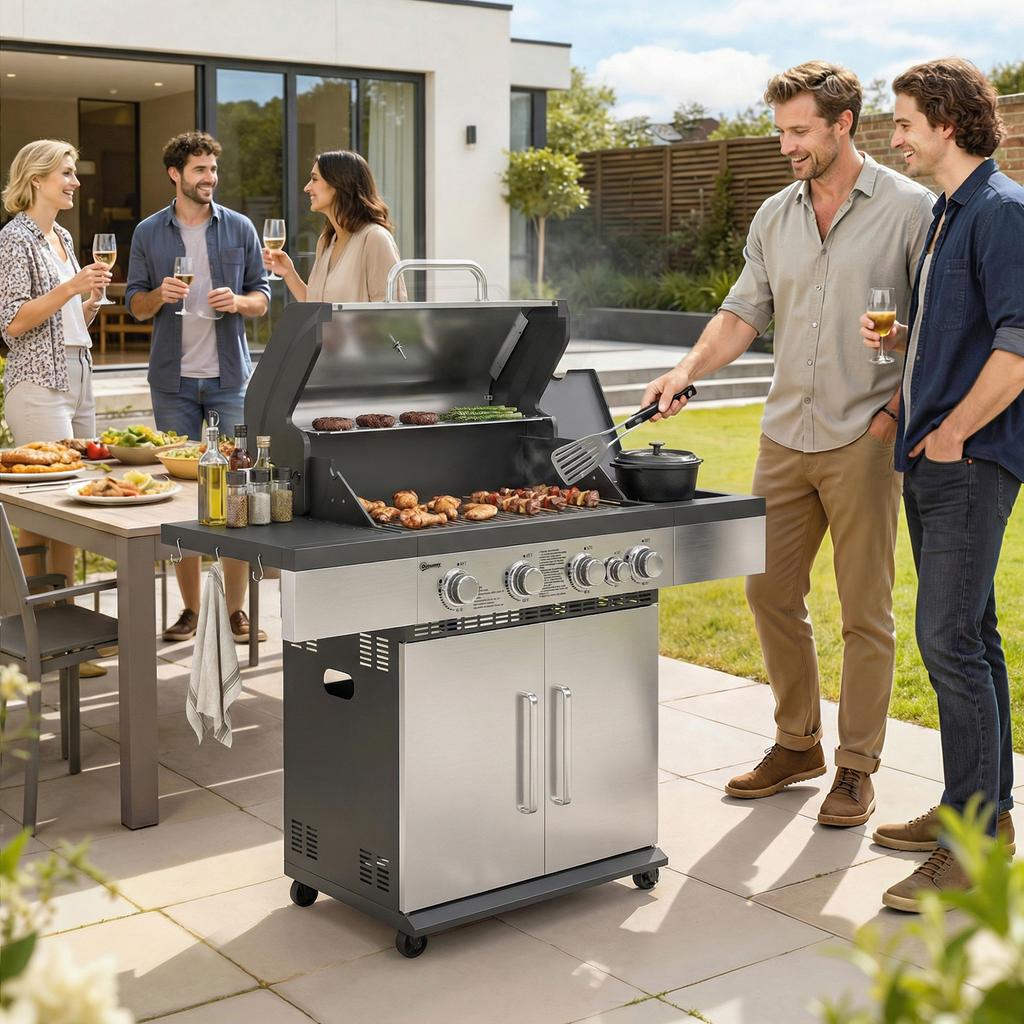 4+1 Burner Gas BBQ Grill, Portable Gas Barbecue Grill with Side Burner, Warming Rack, Side Shelf, Storage Cabinet