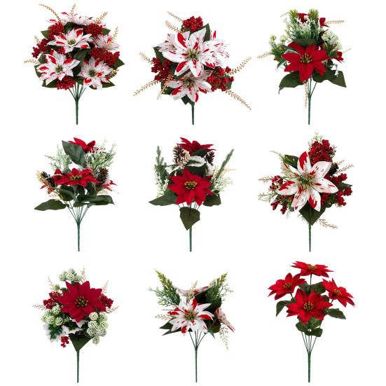 Outdoor UV Resistant Greenery 5/7/10/12 Heads Artificial Poinsettia Flowers, Christmas Fake Floral Berry Centerpiece, Vibrant Lush Plant