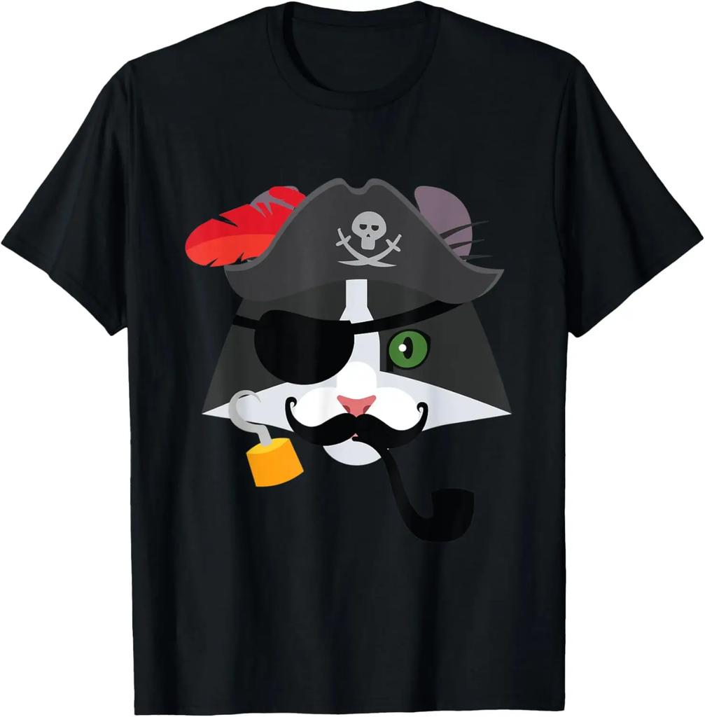 Pirate Cat With Hook Mustache Graphic Tee Short Sleeve Cotton TShirt Casual For Unisex