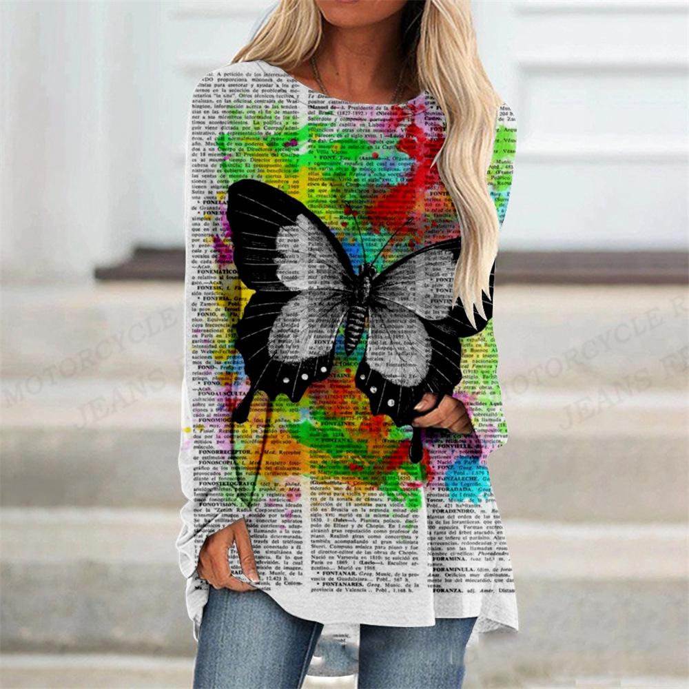 2023 Women's T-shirt Abstract Painting Print Tshirt Women Fashion T-shirt Plant Flowers T Shirt Long Sleeve Tops Tees Butterfly