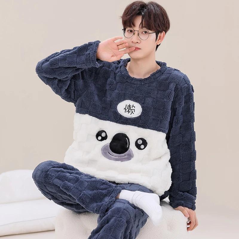 Autumn and Winter Flannel Pajamas Men's Thicken Coral Fleece Youth Student Warm Korean Pijamas Casual Loungewear