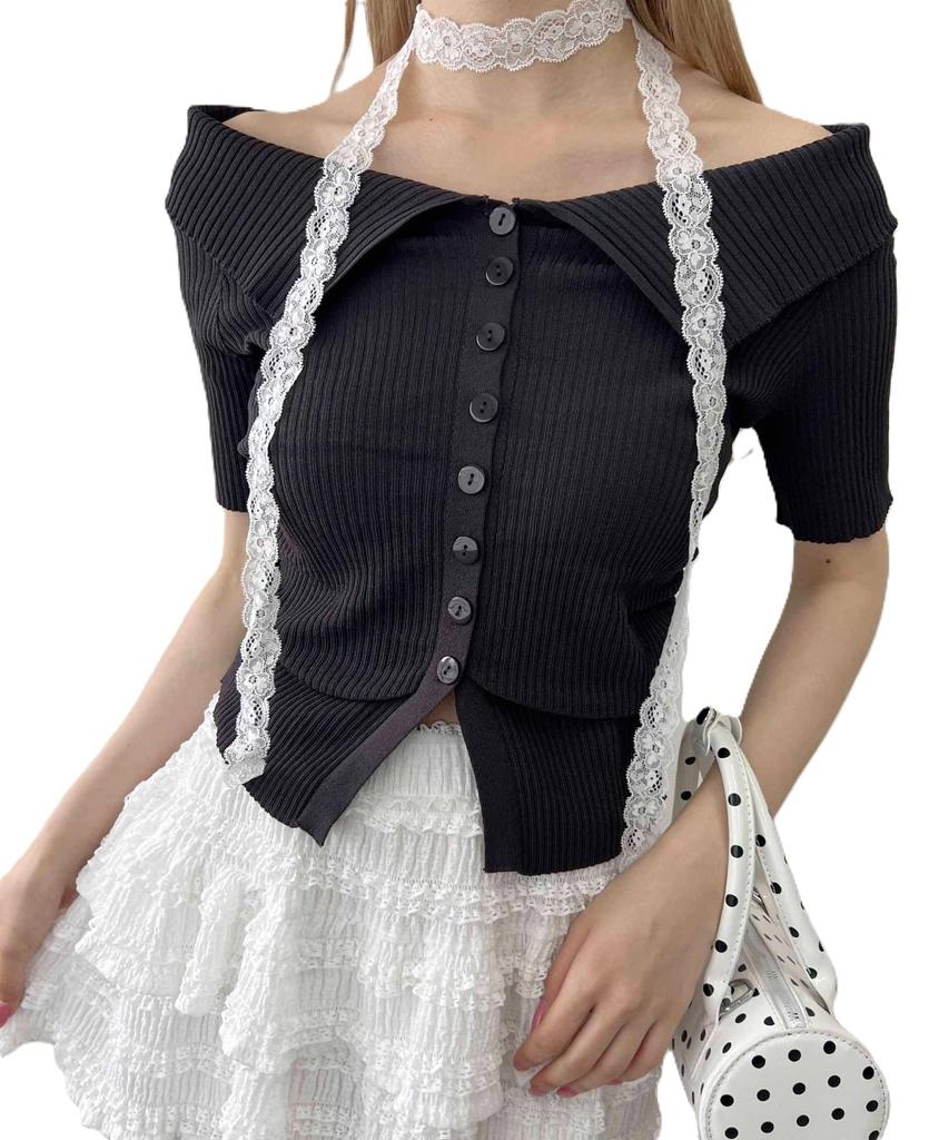 WEGO PHILLY Button Short Sleeve Size Charcoal Off-the-Shoulder Top, Cute, Girly, Women's, F,