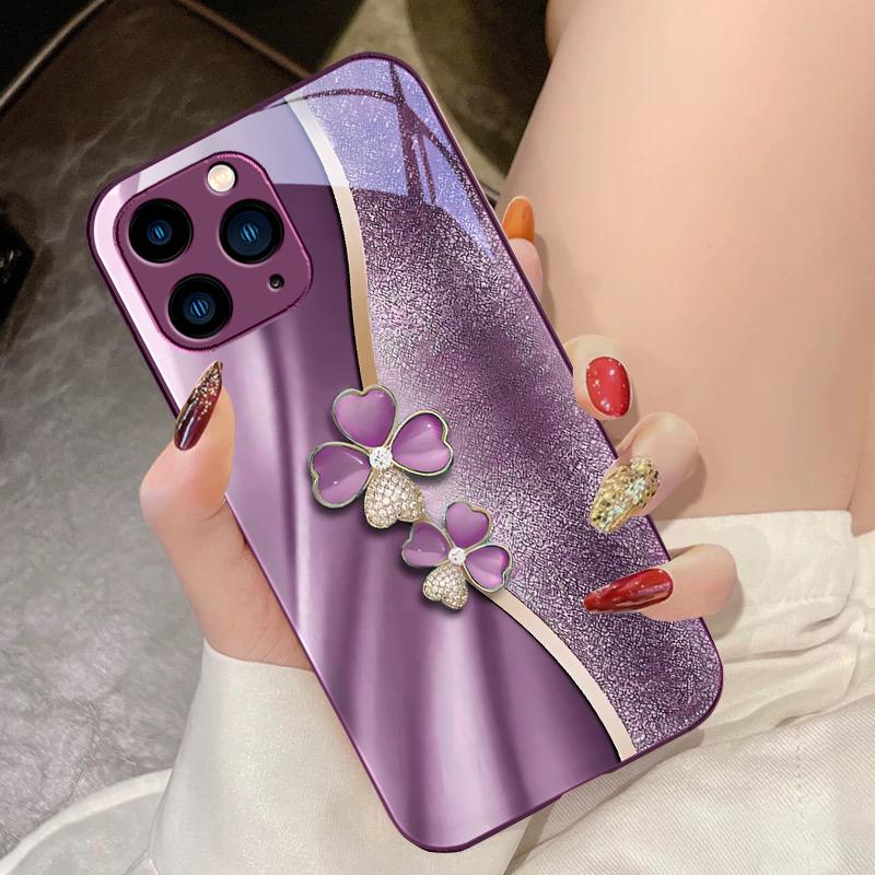 Роскошный чехол для телефона из закаленного стекла с четырехлистным клевером для iPhone 16 Pro Max 15 Pro 14 13 12 Mini 11 XS Max XR 7 8 Plus SE 2022