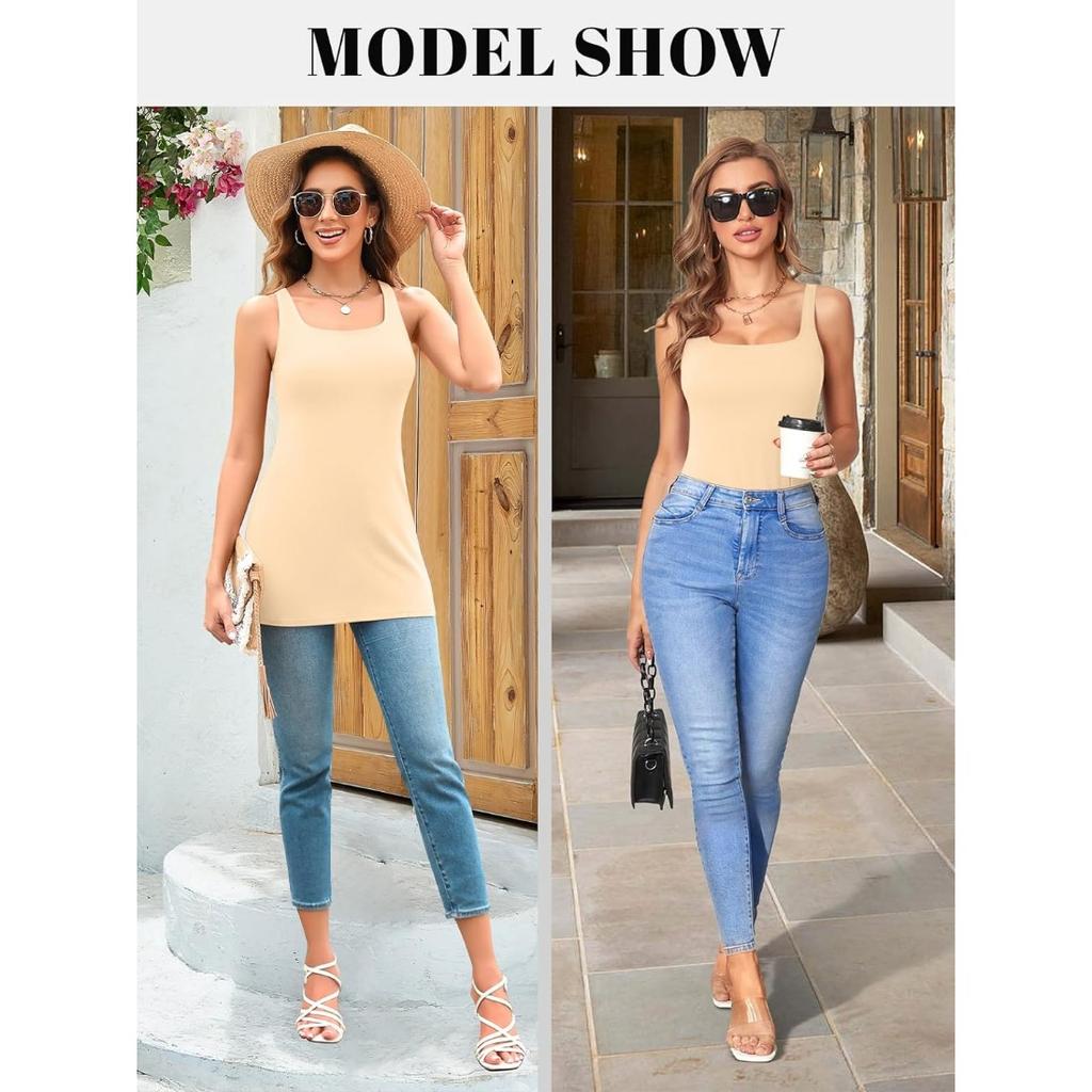 CHARMLEAKS Женская длинная майка с бюстгальтером с квадратным вырезом и широкими бретелями, летние хлопковые майки