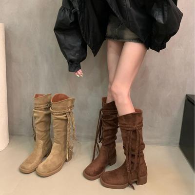 Ретро пустошь бахрома рыцарские ботинки, но ботфорты, облегающие ботинки на толстом каблуке, женские ботинки, ковбойские ботинки