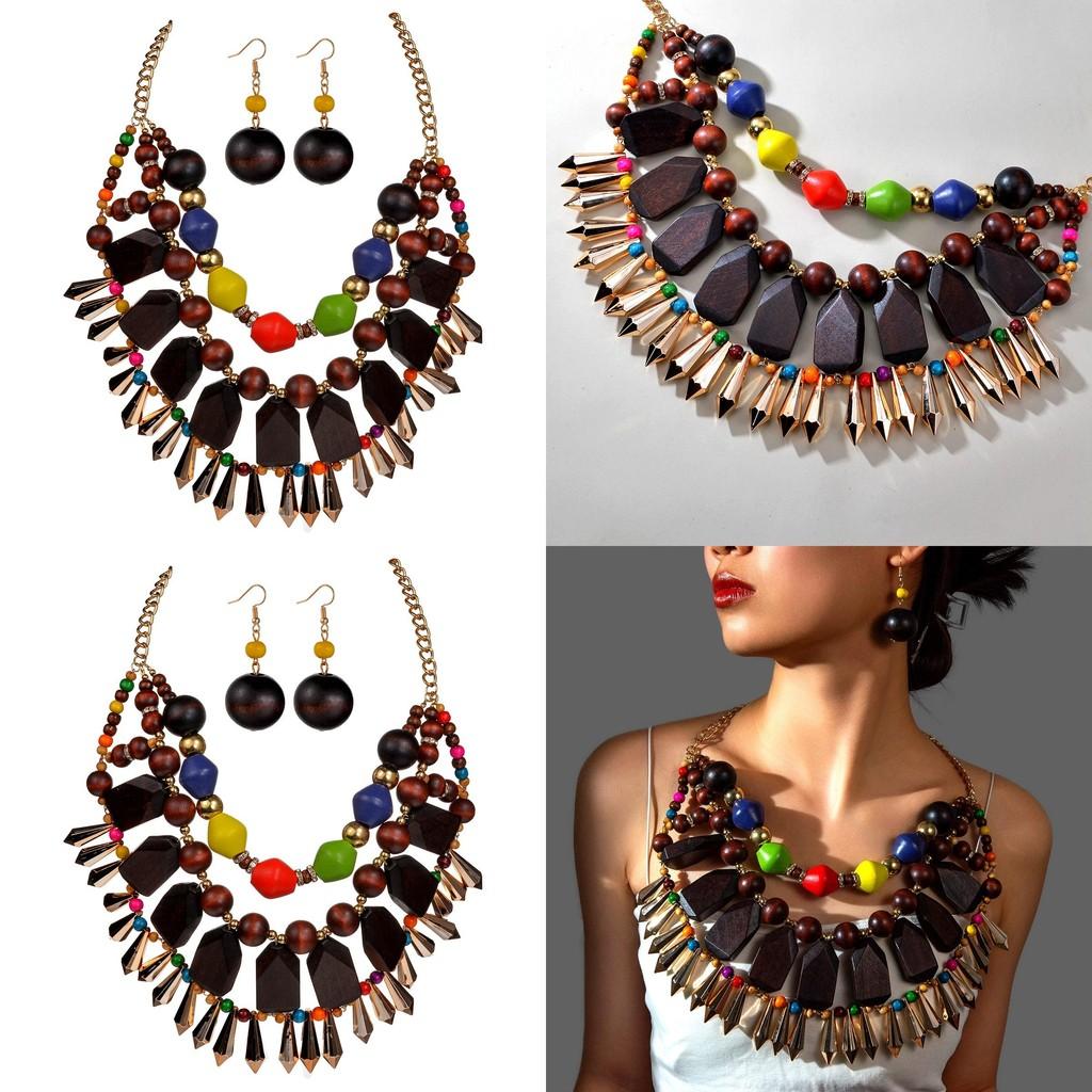 Unique Irregular Wooden Bead Necklace And Earrings Set With Sparkling Rhinestones For Summer Outfits