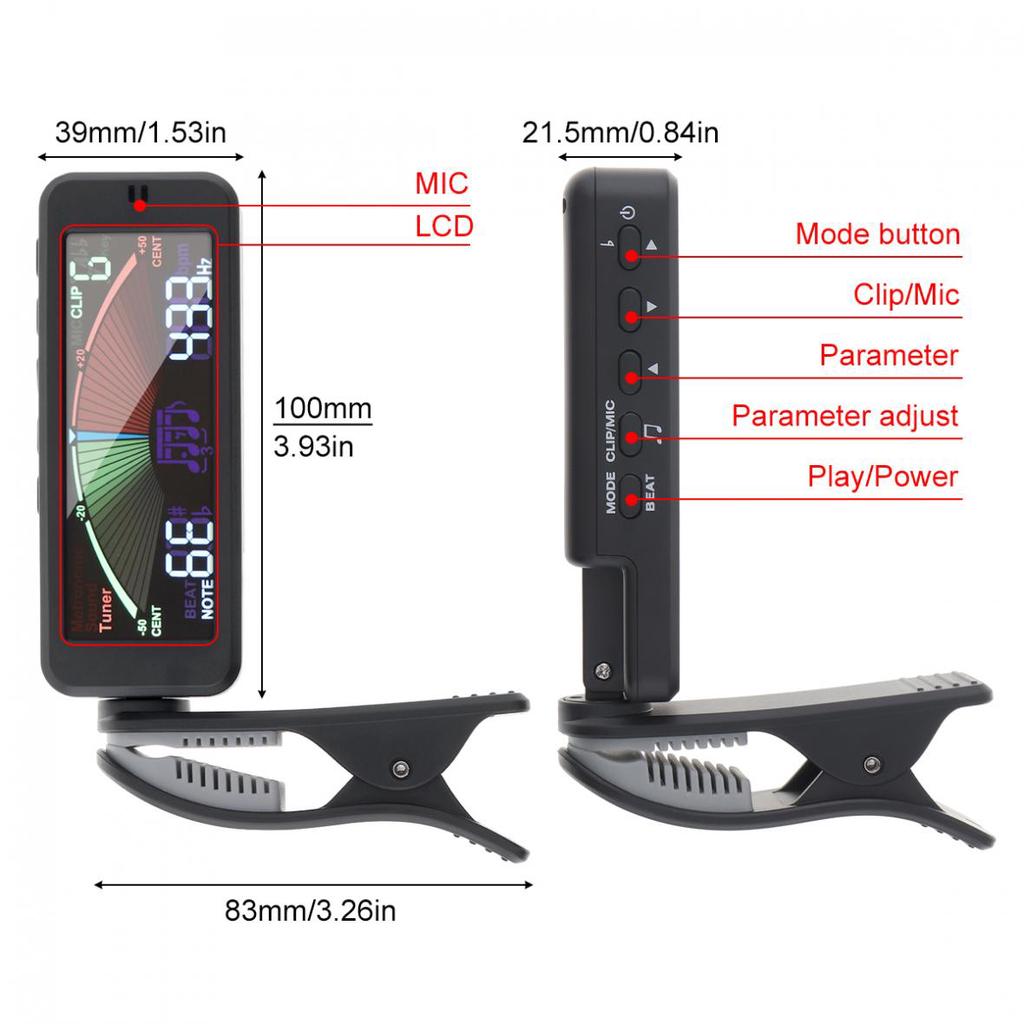 Гитарный тюнер 3 в 1, большой ЖК-экран с зажимом для хроматической гитары, бас-гитары, укулеле, скрипки