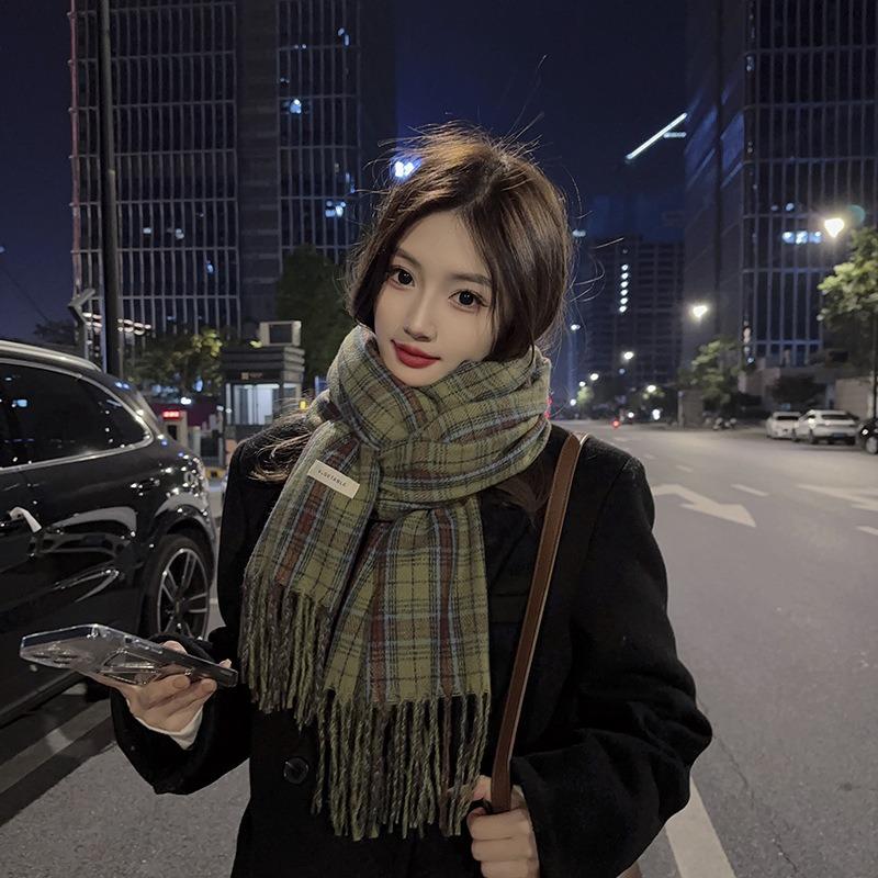 Ретро зеленый клетчатый шарф женский осенне-зимний универсальный личностный продвинутый сенс теплая шаль шарф