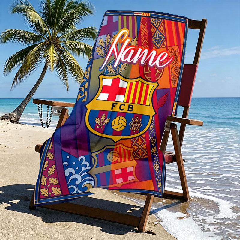 Custom Name Personalized FOOTBALL Club Barcelona Print Beach Towel, for Trip Camping Beach Party Home Decor, Birthday Gift for Family & Friends