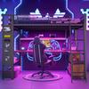 Loft Bed, 140 x 200 cm, Iron Frame, with LED Light Strip, Desk, Storage Space, Multiple Shelves, Pegboard, USB Port, without Mattress, Black