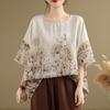 Ethnic Style Summer Blouse Cotton Ethnic Style Shirt Bat Sleeve Loose Large Round Neck T-shirt for Women