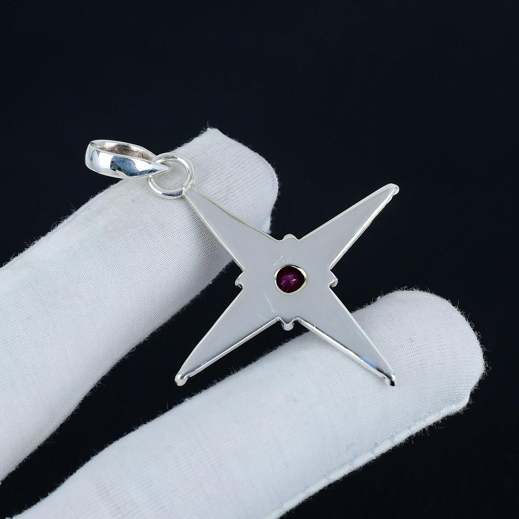 Серебряный кулон с рубиновым камнем из серебра 925 пробы - ручная работа, дизайн звезды, повседневные украшения, уникальный дизайн, подарочный кулон