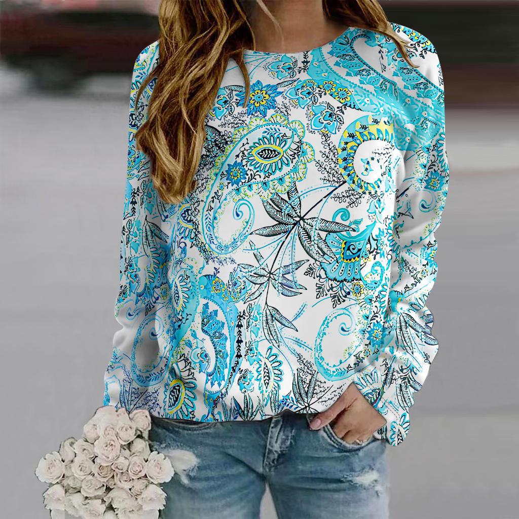 Fall Autumn Women'S Fashion O Neck Long Sleeve T-Shirt Loose Clothes Cashew Print T Shirt