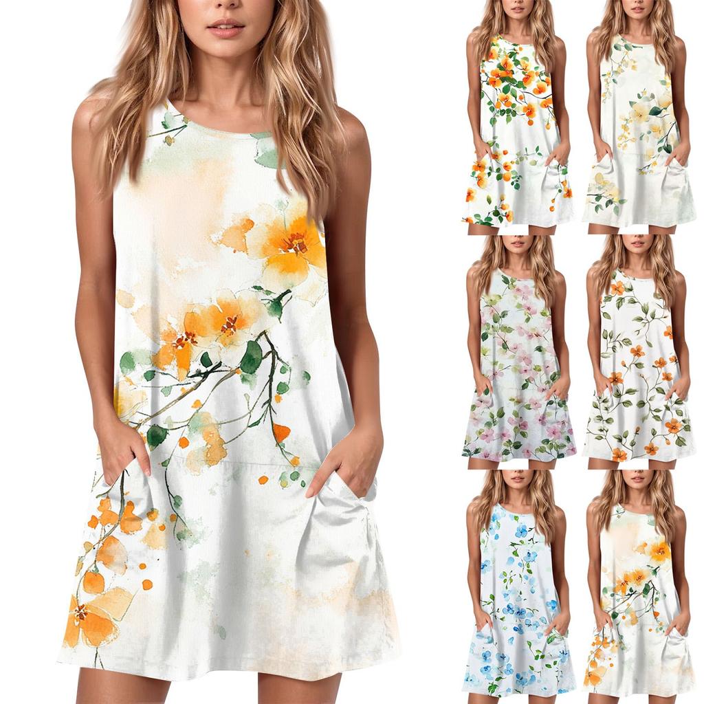 Женское летнее повседневное платье с круглым вырезом и принтом, платье без рукавов с карманами