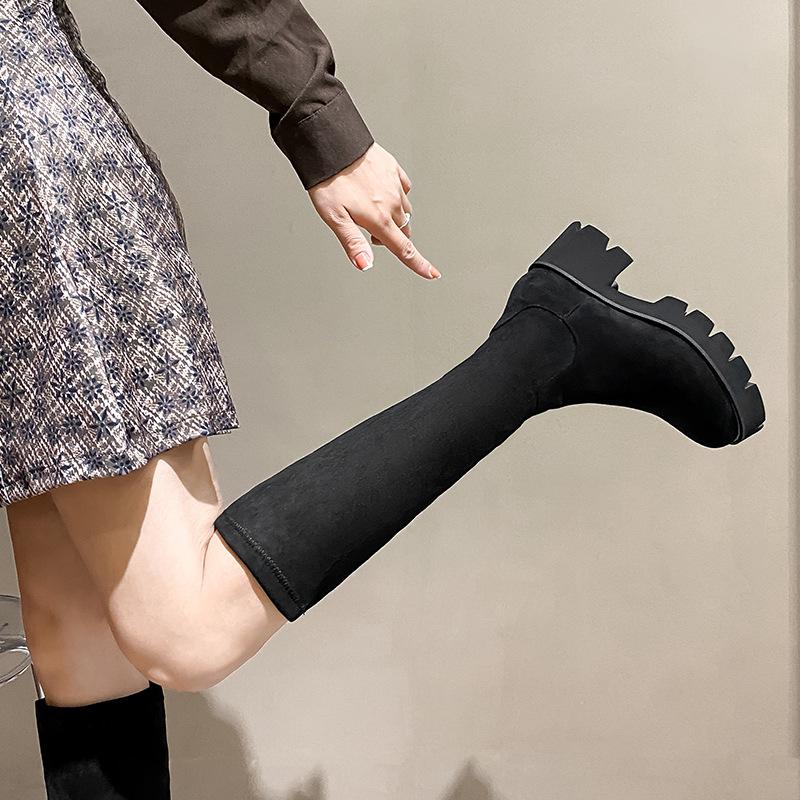 Boots Women's thick legs but knee thick-soled boots Women's thin thick heels Large size large tube circumferential elastic boots Women