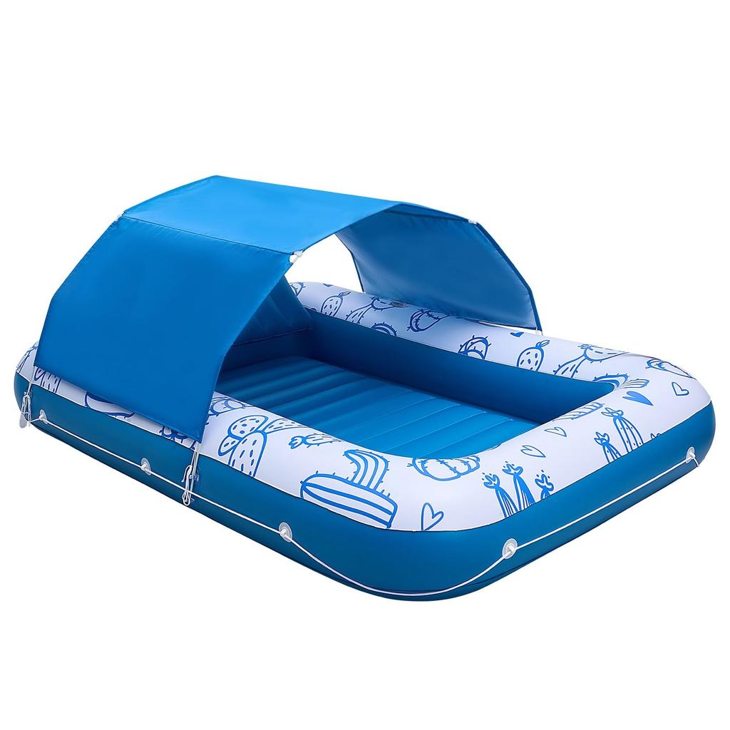 Inflatable Pool Float with UPF 50+ Canopy, 2.09 x 1.4m Large Tanning Pool Floating Lounger for Adults, 250kg Capacity Sunbathing Lounger Floaties with