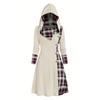 Knitted Hooded Dress Plaid Print Stitching Fake Buckle High Waist Long Sleeve A-line Dress Female