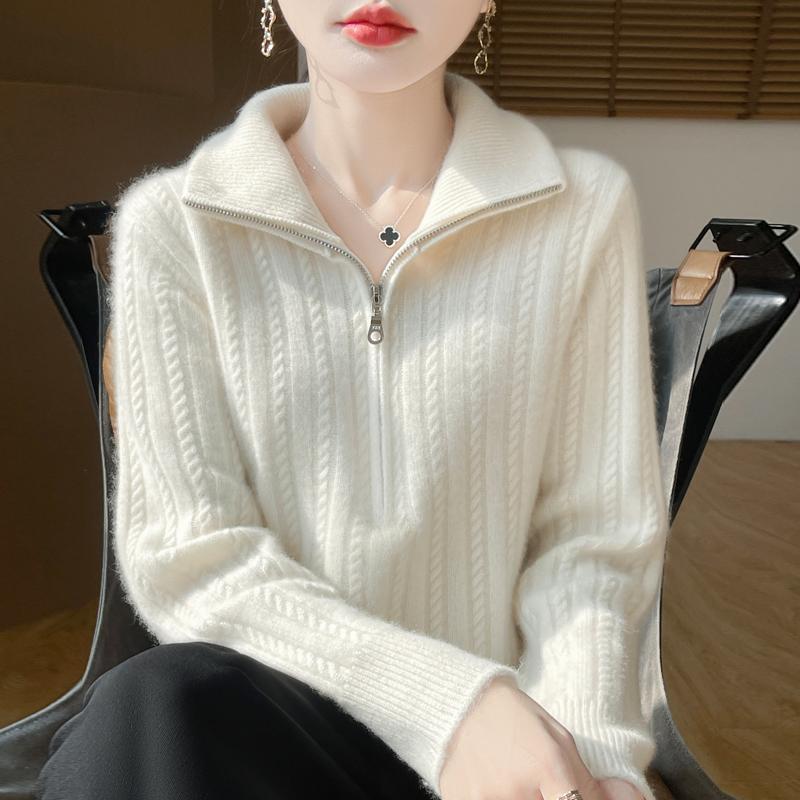 Women Sweater 100% Wool TIDENOVEL Turn-down Collar Knit Pullover Thick Winter Jumpers Female Knit Tops Zipper