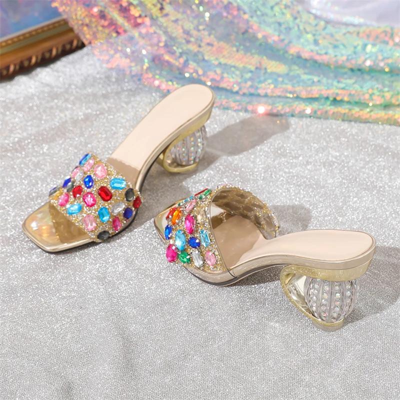 Модные Eilyken Сексуальные Камуфляжные Кристальные Круглые Каблуки Женские Шлепанцы Летние ПВХ Прозрачные Квадратный Носок Банкет Вечеринка Шлепанцы