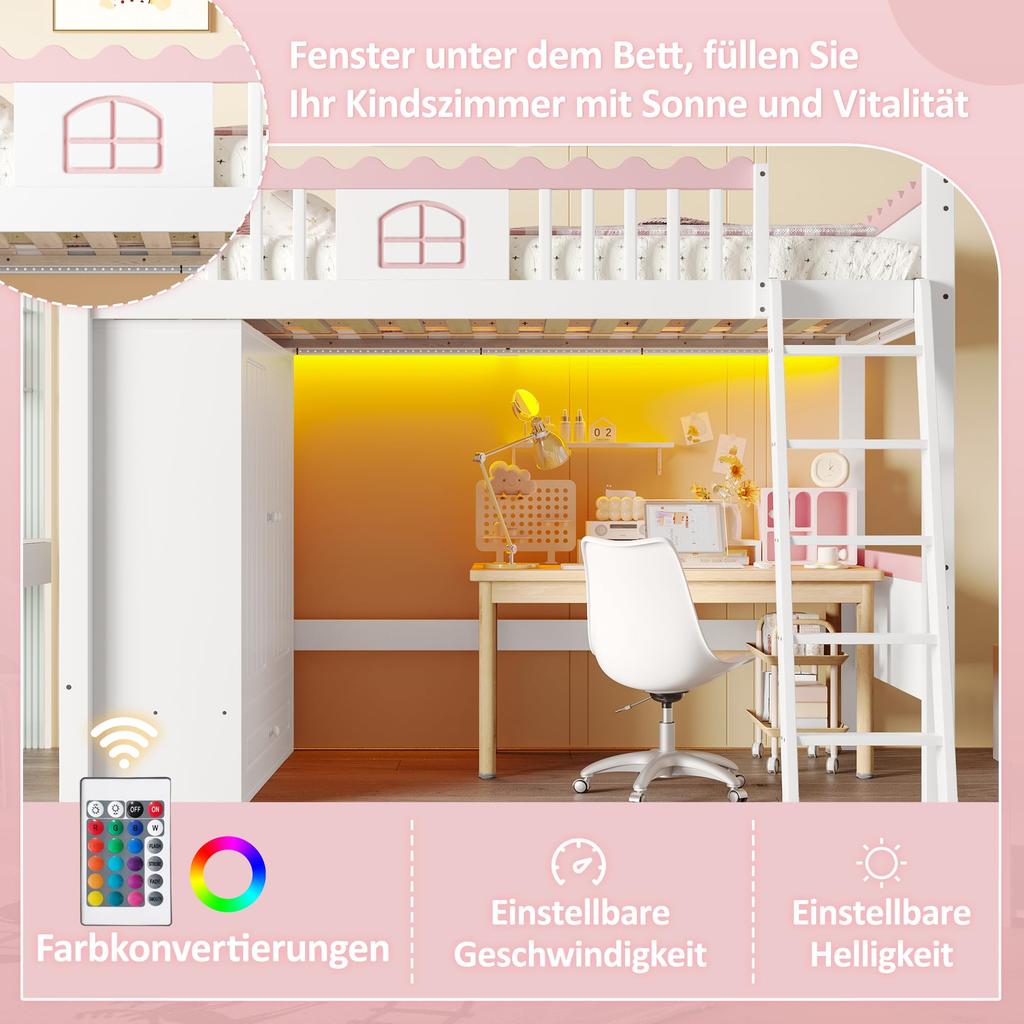 Loft Bed 90x200 Children's Bed Girl Youth Bed Wardrobe Drawers LED Bed Frame Slatted Frame Pine Wood EN747 Certified White