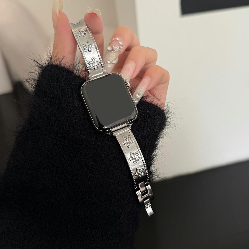 Металлический ремешок для часов Apple Watch Series 10 9 8 7 SE 6 5 4 3 2 1 42 мм 41 мм 40 мм 38 мм Браслет с цветочным декором из стразов