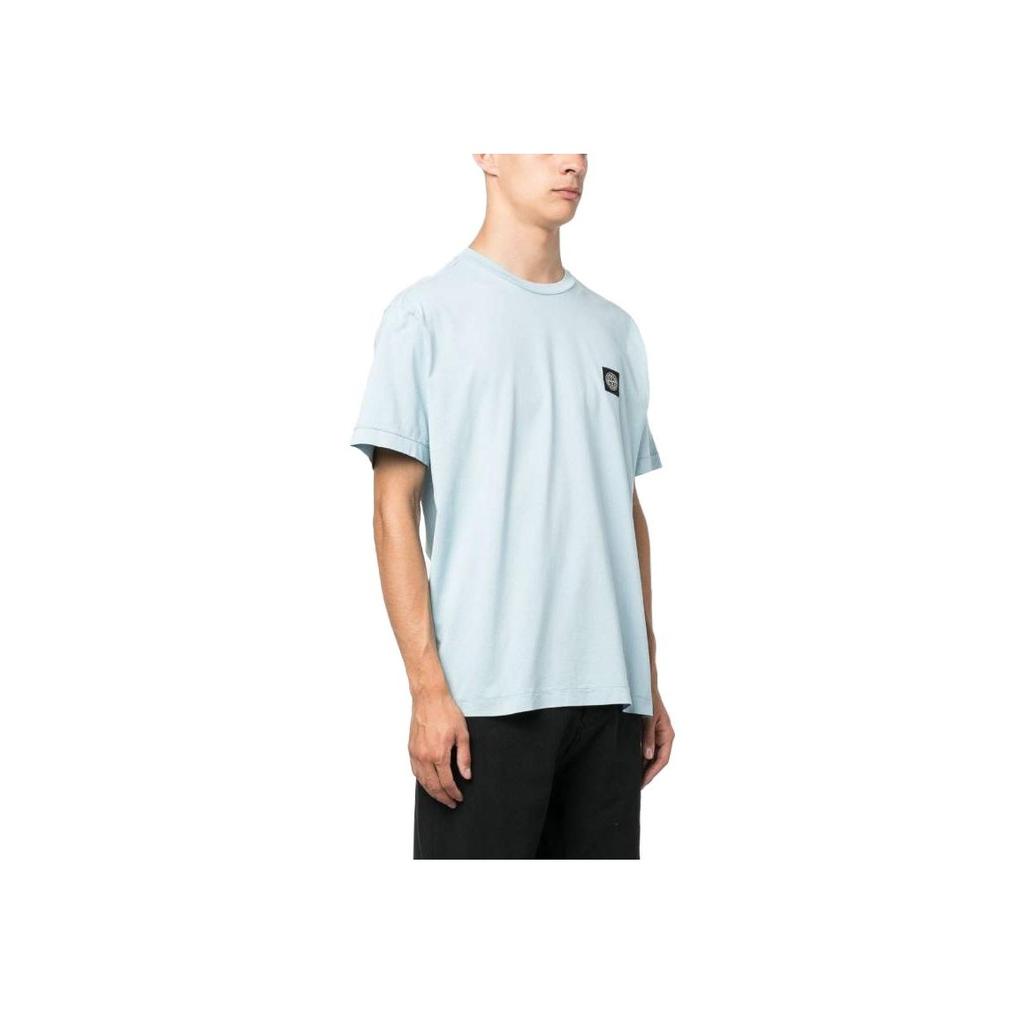 STONE ISLAND Лого Однотонный Пуловер с Круглым Вырезом Прямого Кроя Футболка с Коротким Рукавом Мужские Топы Светло-Голубой 791524113-V0041