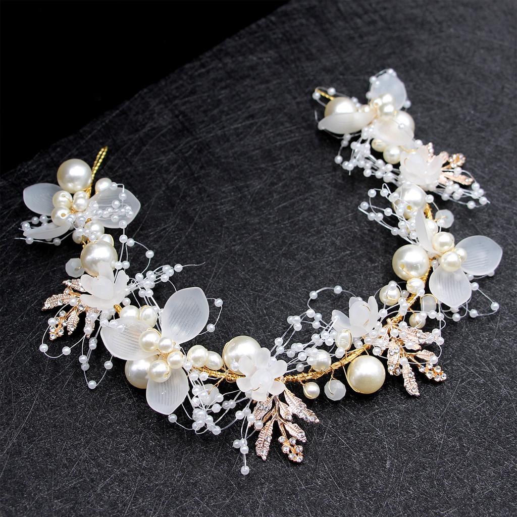 Bridal Handmade Luxurious Headband Knitting Gold Leaves Flower Pearls Gown Hair Vines for Bridesmaid Wedding Party Balls