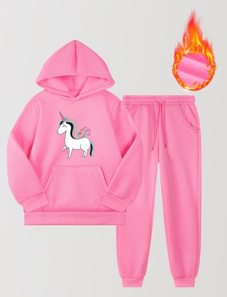 Теплый утолщенный флис для девочек, удобный мультяшный узор, толстовка с длинными рукавами и принтом, пуловер, толстовки и брюки, спортивный костюм из 2 предметов, комплект детской модной одежды