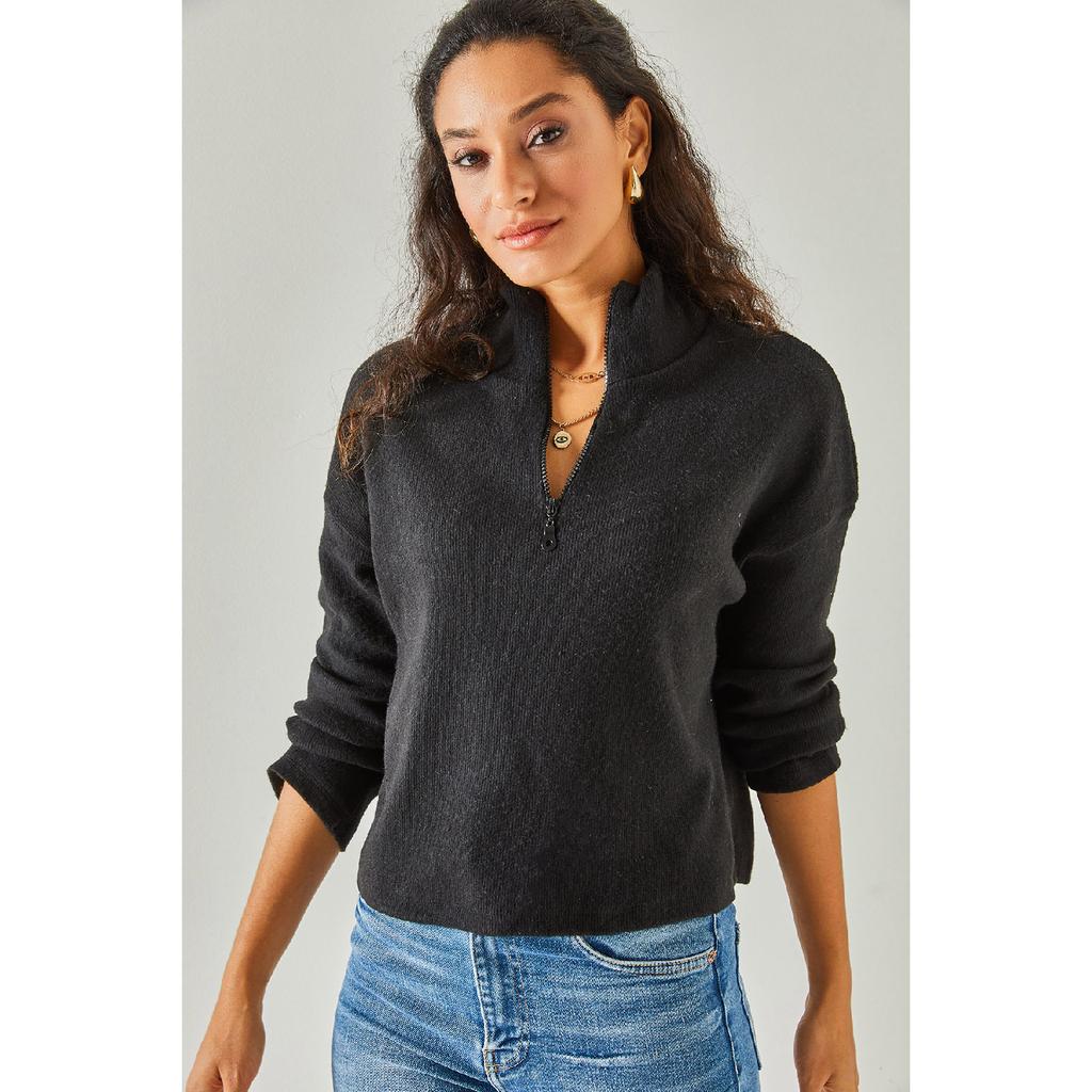 Женский черный свитер с высоким воротником на молнии Kzk-19000640