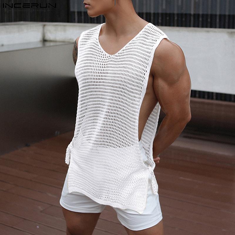 INCERUN Summer Men Sleeveless Split Lace Up Vest See Through Tank Tops