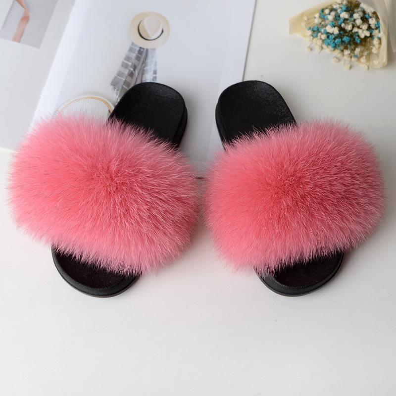 Furry Slippers for Women The Same Style In Summer Real Fox Fur Slippers Plus Size Female Sandals