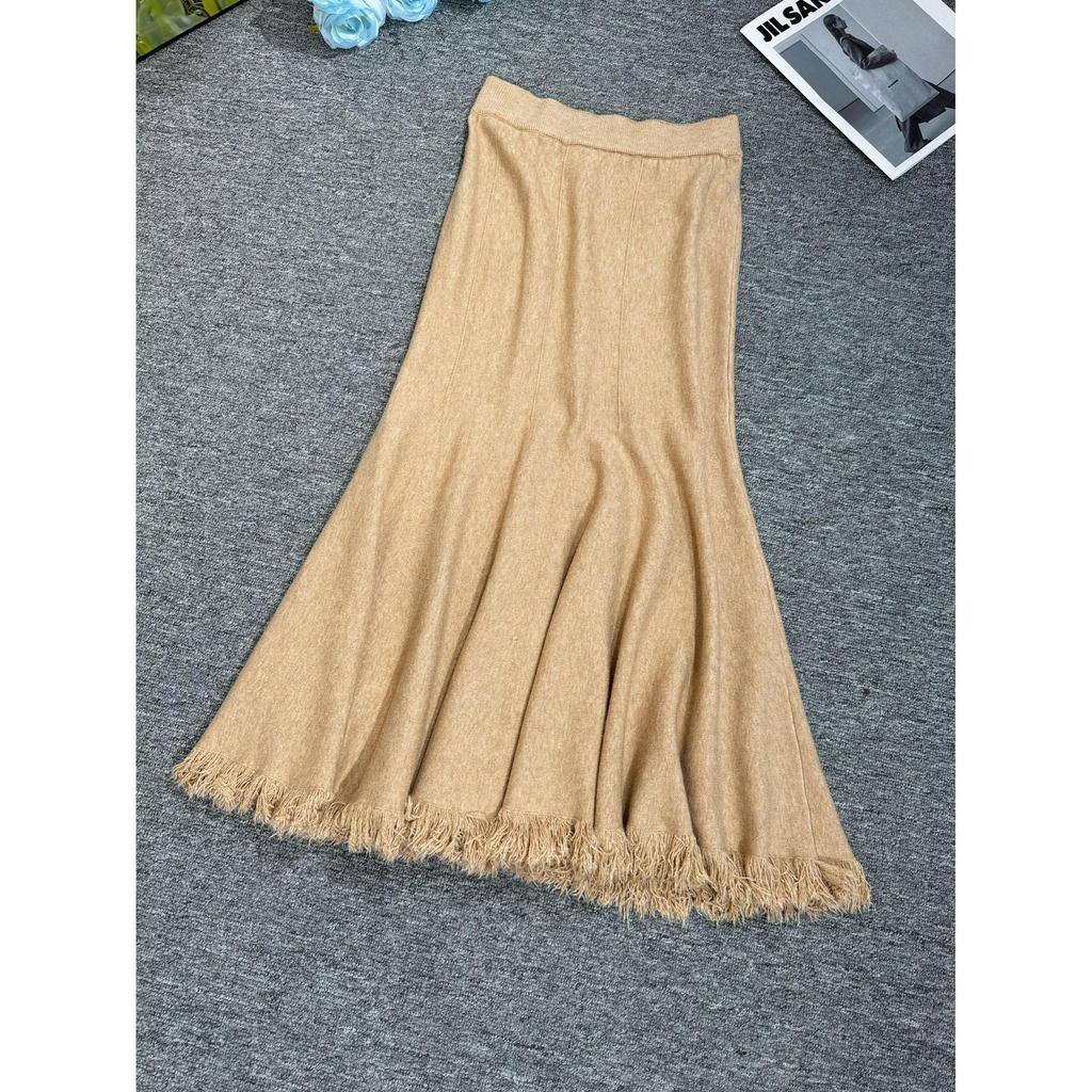 Qooth осень-зима вязаная элегантная юбка-труба для женщин с высокой талией и кисточками средней длины QT2507