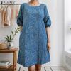 Women Casual Round Neck 3/4 Sleeve Summer Floral Print Dress