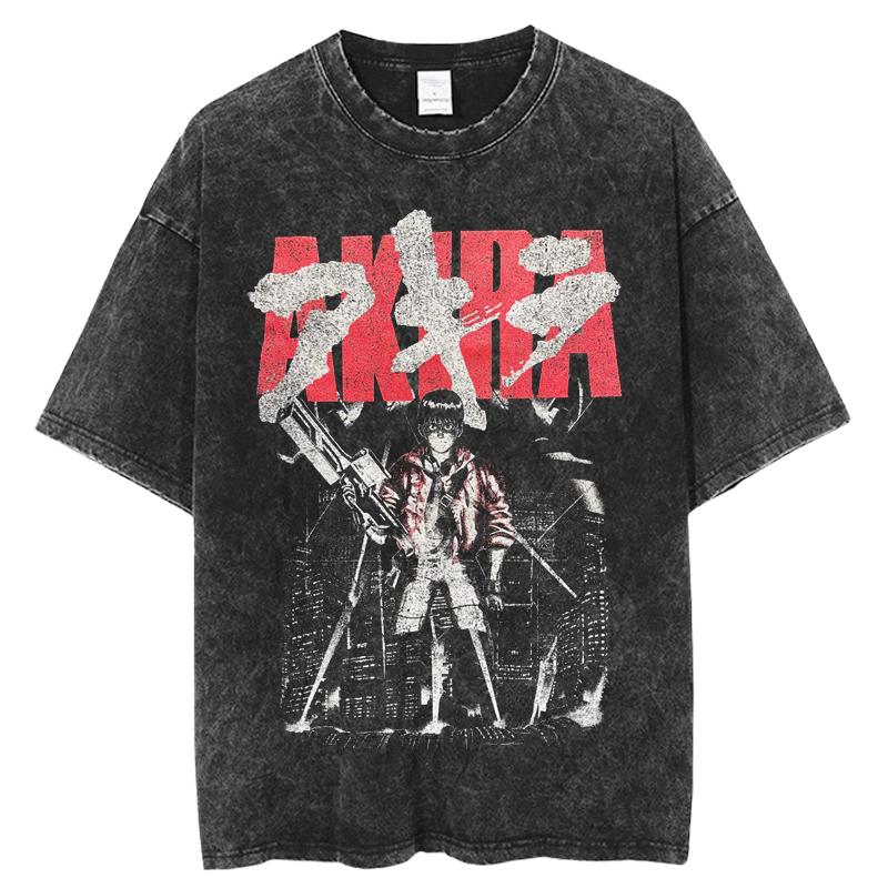 Vintage Wash T-shirt Do Old Japanese Anime Akira Street Y2k Short Sleeve Harajuku Polyester Neutral Top Fashion Round Neck T-shirt