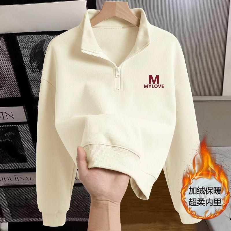 Womens Fleece Sweatshirt POLO Neck Half-Zip Printed Slim Fit Fall Winter Casual Outerwear