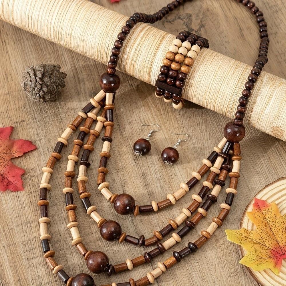 4pcs Layered Boho Necklace Earrings Set Handmade Beaded Earrings Set Wooden Necklace Set Women