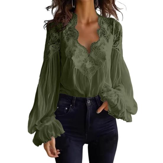 Женская рубашка с V-образным вырезом, плиссированная, с пышными длинными рукавами, летняя рубашка, вышивка, кружевная вставка, свободный крой, рубашка, топы, для вечеринок, для путешествий