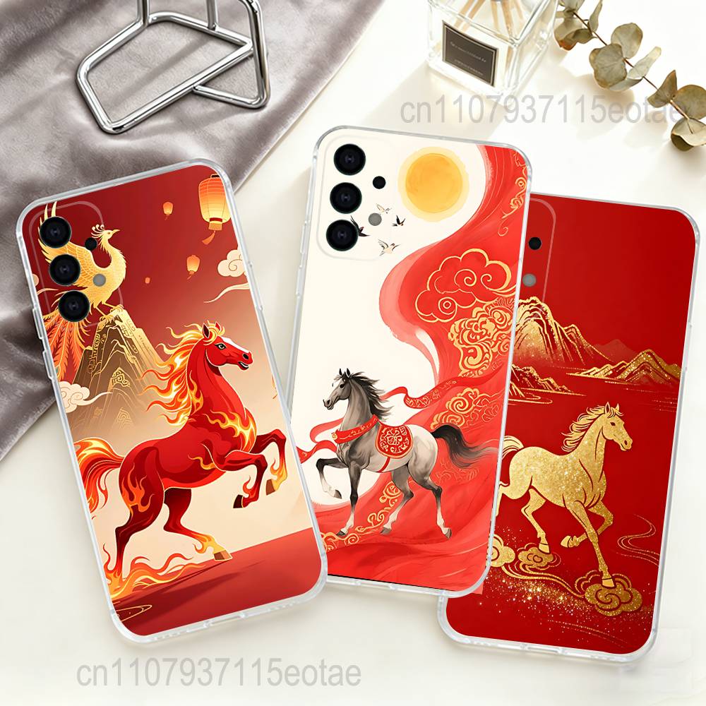 Красный конь в китайском стиле Чехол для телефона Samsung S24,S25,S30,S23,S21,S22,S20,S10,5G,FE,lite,PIus,Ультрапрозрачный Чехол