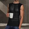 Men Sleeveless Mesh Sheer Patchwork Casual Sport Fitted Tank Tops