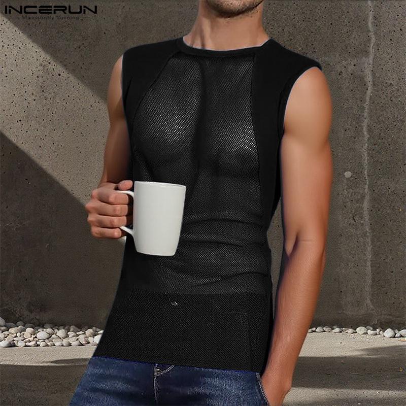 INCERUN Men Sleeveless Mesh Sheer Patchwork Casual Sport Fitted Tank Tops