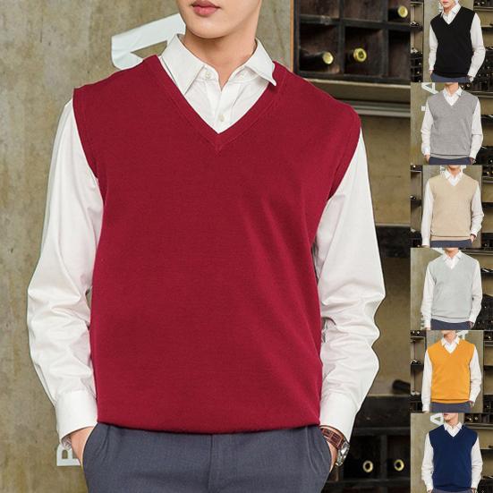 Sleeveless Loose Warm Sweater Vest Men Solid Color V-neck Pullover Waistcoat for Daily Wear