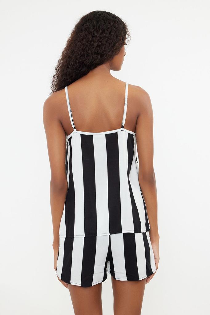 Women's Fashion Blue-Multicolored Striped Viscose Woven Pajama Set with Rope Strap